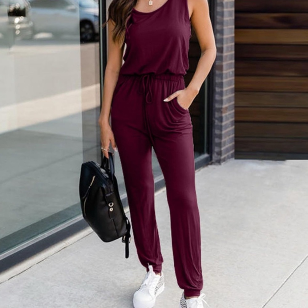 Women's Burgundy Jogger Jumpsuit Drawstring Waist Size XXL Comfy Casual Summer